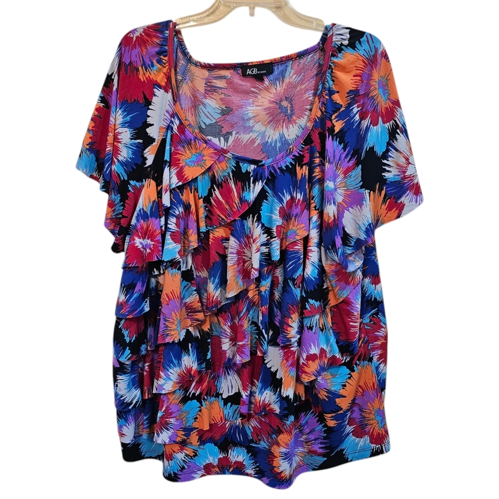 AGB Womans Blouse Size 3X Tiered Ruffle Front Multicolor Floral Plus Size